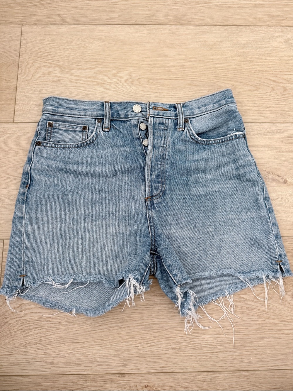 Denim Forum Light Blue Distressed High-Rise Jean Shorts